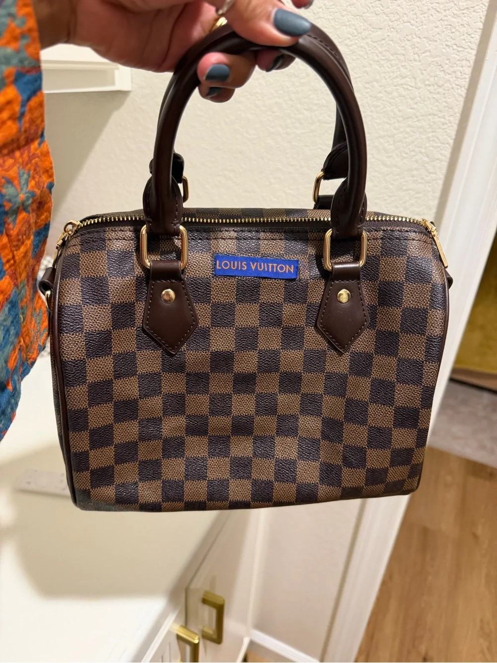 Designer inspired Brown checkered Mini Satchel with Gold Hardware